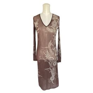 Vivienne Tam Vintage 90s Y2K Nylon White Floral Sheer Brown Mesh XS Long Sleeve